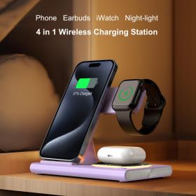 Wireless Charger Station, 4 In 1 Foldable 15W Fast Charging Wireless Charging Station With Night Light For IPods IWatch (Color: Purple)
