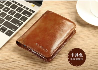 Classic Style Wallet Genuine Leather Men Wallets Short Male Purse Card Holder Wallet Men Fashion High Quality (Color: Khaki)