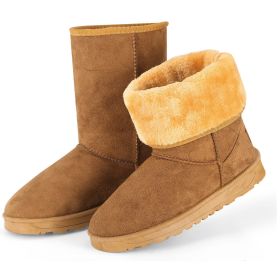Women Ladies Snow Boots Waterproof Faux Suede Mid-Calf Boots Fur Warm Lining Shoes for Winter (Color: Chestnut, size: 6)