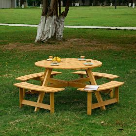 Outdoor 6 Person Picnic Table, 6 person Round Picnic Table with 3 Built-in Benches, Umbrella Hole, Outside Table and Bench Set for Garden, Backya (Color: Natural, Person: 8)